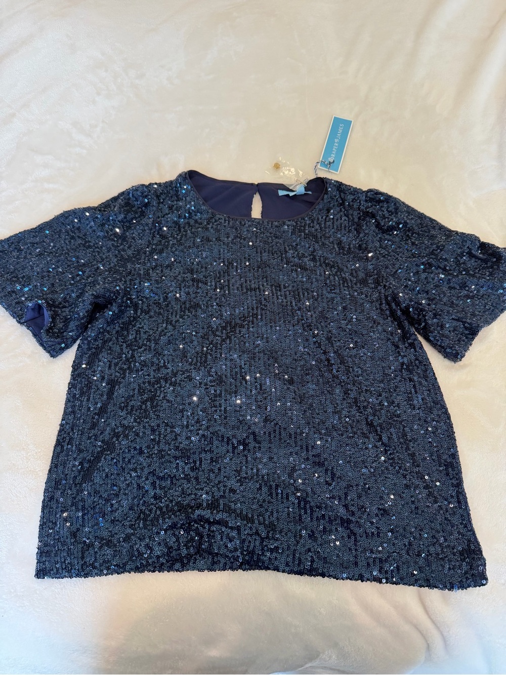 Draper James Navy Sequin Puff-Sleeve Top